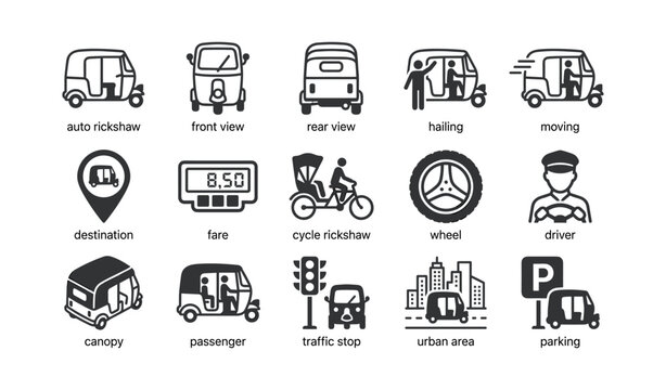 Auto rickshaw and urban transport icons arranged on white background