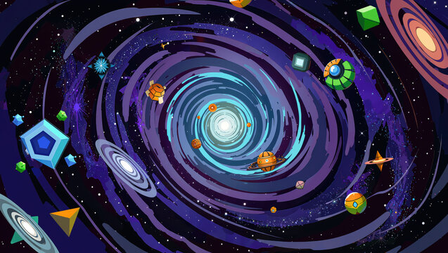 Colorful spiral galaxy abstract space vortex geometric shapes planets stars cosmic energy futuristic vibrant imaginative science fiction art