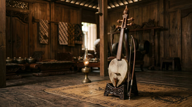 Atmospheric rebab scene in traditional music studio for heritage, editorial, and cultural storytelling use.
