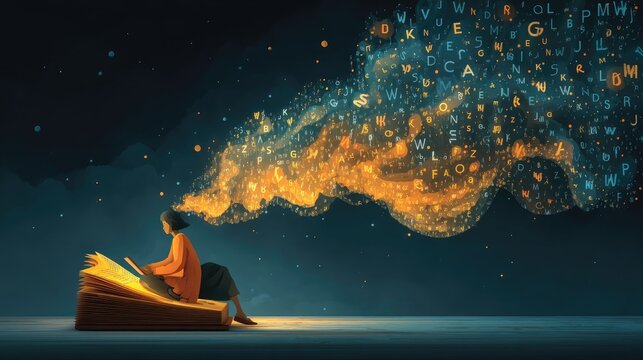 University student reading a book, magical glowing digital letters and knowledge icons flying out, interactive learning experience concept 