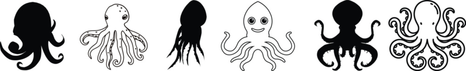 Octopus Tentacle Icon set, Vector Sea Monster Arm Silhouette, Kraken Tentacles Symbol, Curled octopus tentacles Marine Animal for Logo ultra sharp focus, sea life Tattoo, Game, Fantasy Design template © Vector Store