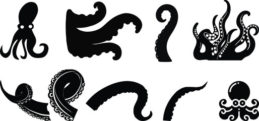 Octopus Tentacle Icon set, Vector Sea Monster Arm Silhouette, Kraken Tentacles Symbol, Curled octopus tentacles Marine Animal for Logo ultra sharp focus, sea life Tattoo, Game, Fantasy Design template © Vector Store