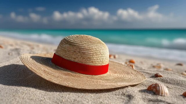 Straw hat on sandy beach near turquoise sea with soft waves, shells, bright and cloudy sky, calm summer travel vacation scene, sunny ocean mood, beach sand seashells and serene sea under blue sky
