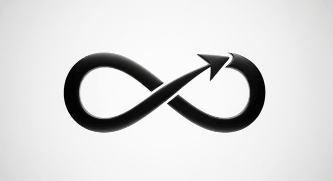 Graphic representation of infinity loop with an arrow pointing toward the future or a cycle