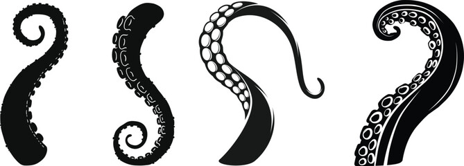 Octopus Tentacle Icon set, Vector Sea Monster Arm Silhouette, Kraken Tentacles Symbol, Curled octopus tentacles Marine Animal for Logo ultra sharp focus, sea life Tattoo, Game, Fantasy Design template © Vector Store