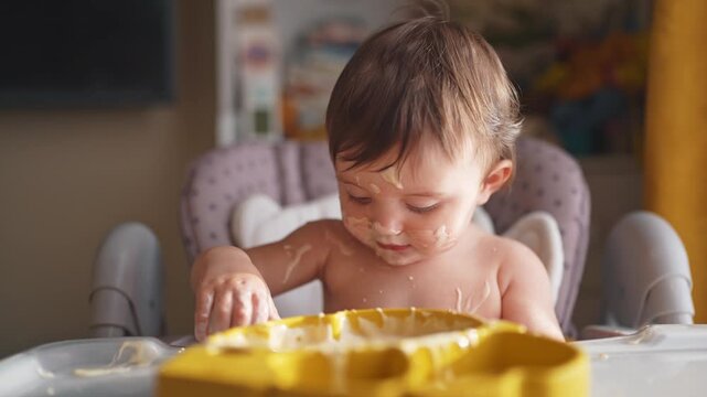 baby eats dirty. happy family a kid toddler concept. baby girl dirty sitting messing with food at the table for feeding in the kitchen. grimy lifestyle toddler in the kitchen