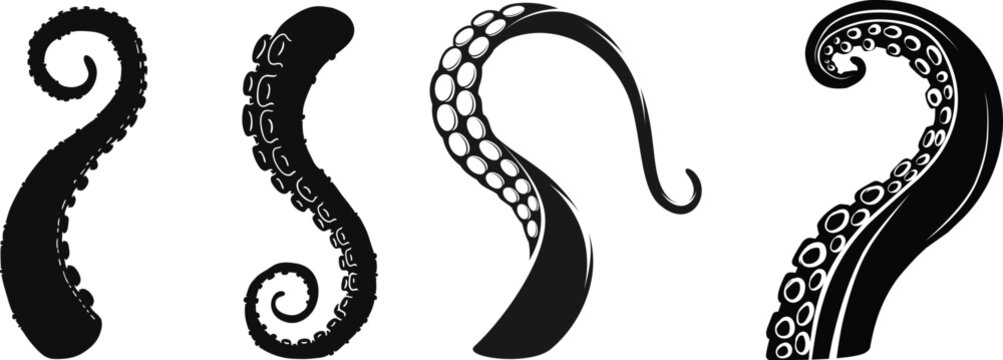 Octopus Tentacle Icon set, Vector Sea Monster Arm Silhouette, Kraken Tentacles Symbol, Curled octopus tentacles Marine Animal for Logo ultra sharp focus, sea life Tattoo, Game, Fantasy Design template