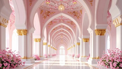 Fototapeta premium Pink arch hallway with floral decor, elegant corridor. use fantasy background