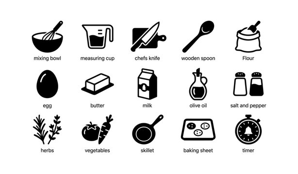 Cooking and baking utensils with ingredients icons on white background