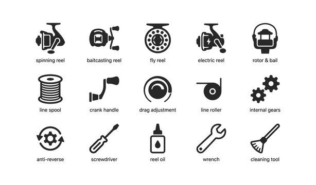 Fishing reel parts and maintenance icons showing tools and components
