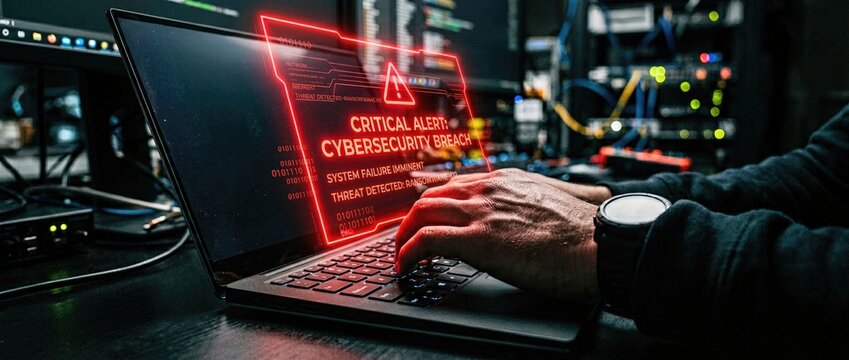 Cybersecurity breach alert immediate response required to address threats in technology sector digital environment close-up viewpoint