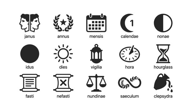 Roman calendar and time icons arranged in grid on white background