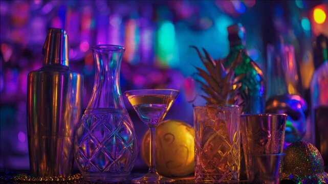 Vibrant and colorful display of beverages in a nightclub or cocktail bar setting