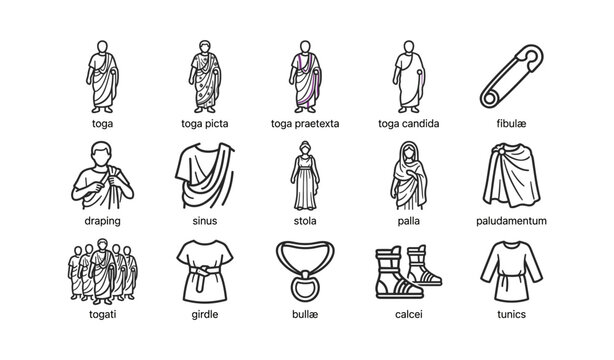 Roman clothing and draping icons arranged on white background
