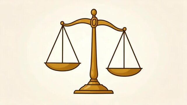 Golden scale balances sit center frame. Simple design highlights fairness concept. Light beige background complements ry. No animals or plants appear in this clip. Ideal for legal, justice
