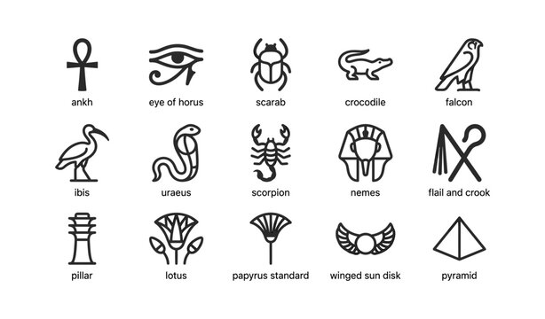 Egyptian symbols arranged in labeled icon grid on white