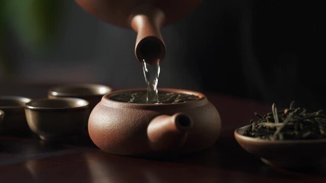Traditional Chinese gongfu tea ceremony, yixing clay teapot pouring hot water over oolong, tiny cups, steam, meditative ritual. Concept for Chinese tea culture