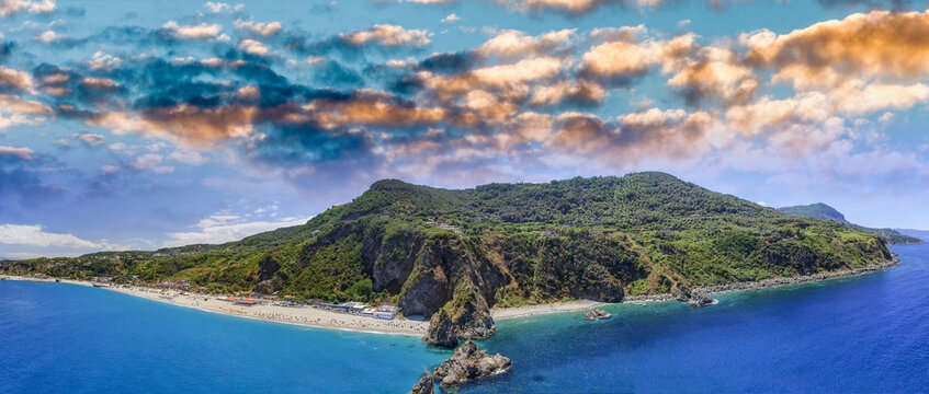 Panoramic aerial view of Tonnara Beach in Calabria with Scoglio Ulivo, Italy