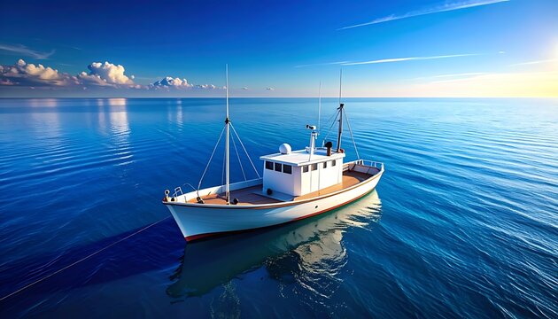 Fishing trawler sailing on calm ocean under bright blue sky with sunflare, maritime travel and sea exploration