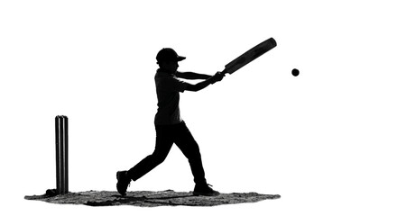 black silhouette of a young boy playing cricket hitting the ball with a bat © Srabon