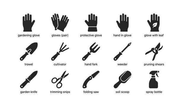 Gardening tool icons showing gloves and hand tools on white background