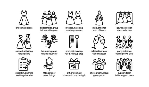Grid of wedding and bridesmaid icons on white background