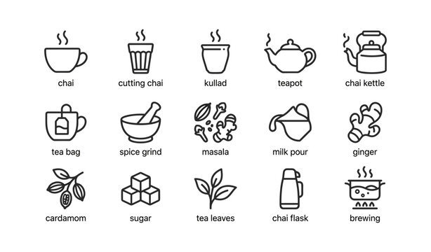 Tea masala icons showing chai utensils and ingredients