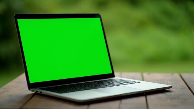 Laptop with green screen on wooden table outdoors, suitable for digital content creation and advertising