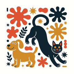 Fototapeta premium Animals play together outdoor joyful scene with dog and cat