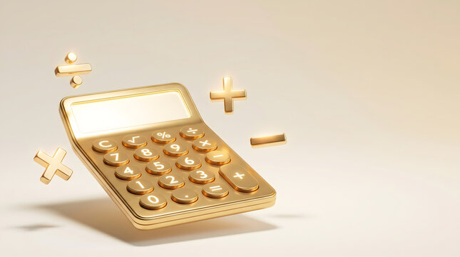 Floating golden calculator with mathematical symbols on neutral beige background.