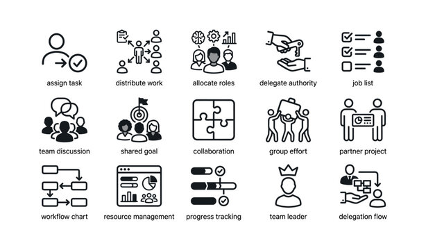 Teamwork and delegation icons showing tasks and roles on white