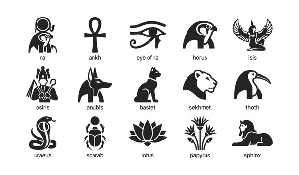 Egyptian deity and symbol icons arranged on white background