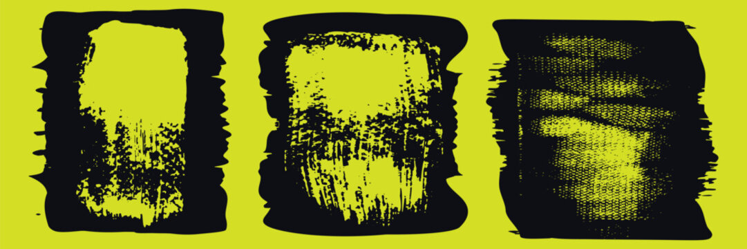 Grange linocut and stamp textures with rough ink effects. Ink rollers, smudges, and aged surfaces for a dirty background or graphic design frame. Hand drawn grange lino textures on acid green bg.