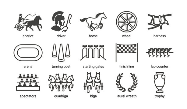 Chariot racing icons and symbols arranged on white background