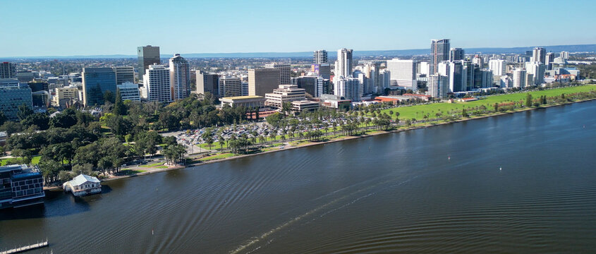 Aerial view of Perth Cityscape and Swan River, Australia