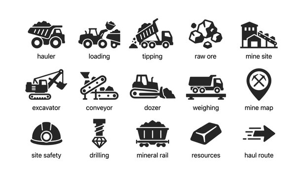 Mining icons displayed in grid on white background