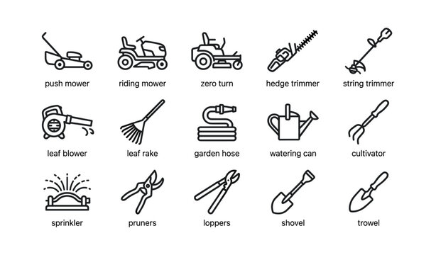 Garden and lawn tool icons arranged on white background