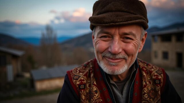 Portrait of a man with a beard smiling at the camera. He wears a traditional hat and patterned vest. Behind him is an outdoor setting with houses and mountains in the background.