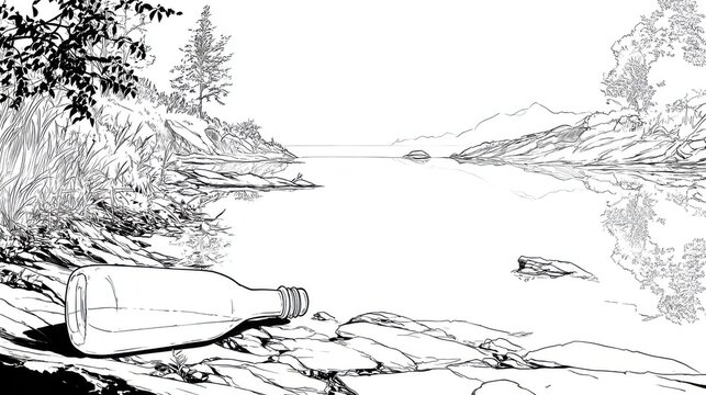 Isolated Bottle on Rocky Shoreline with Calm Water and Nature View