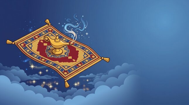Magical flying carpet with golden genie lamp floating above clouds at night