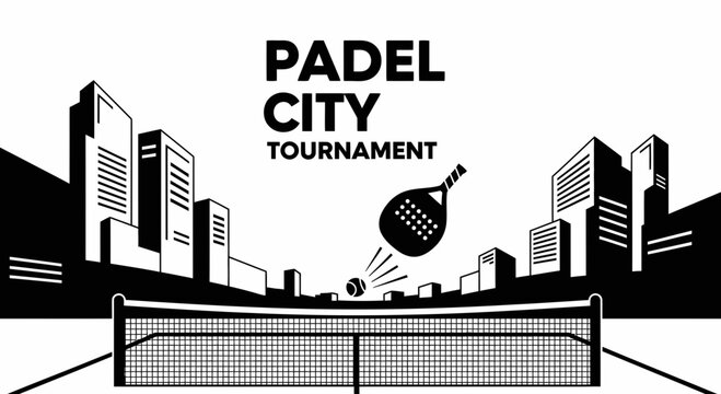 Dramatic Padel City Tournament Icon Art with Skyscrapers in Minimalist Two-Tone Black and White