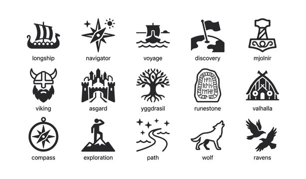 Norse icons depicting voyage and mythology in grid layout