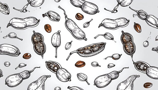 Hand-drawn peanut pattern with whole and split pods scattered on a light grey background, natural food illustration, organic ingredient concept