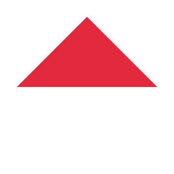 Red equilateral triangle on a white background, symbolizing direction, warning, or a geometric element.
