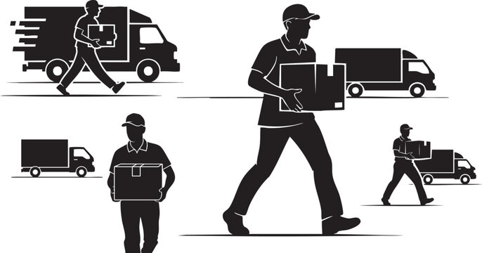 Delivery service courier silhouettes with cargo trucks, professional mailman carrying cardboard boxes, logistics and shipping vector set