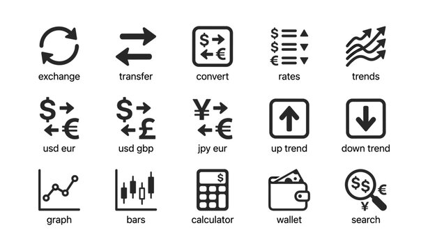 Currency exchange and finance icons arranged on white background