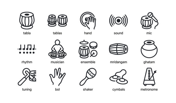 Percussion instrument icons arranged in grid on white background