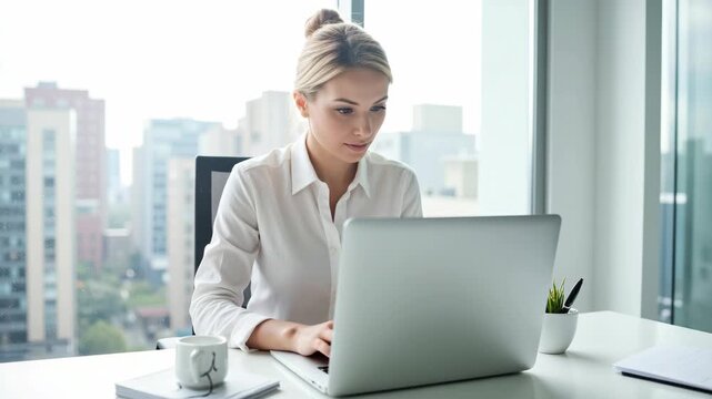 A woman dressed in business attire sits at her office desk, engrossed in work on a laptop computer.