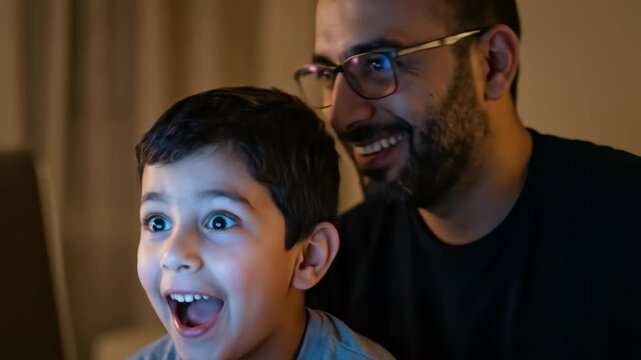 Man and boy watching laptop screen with growing excitement. Father and son sharing surprised to joyful reactions during home digital viewing. Family bonding over online entertainment and tech