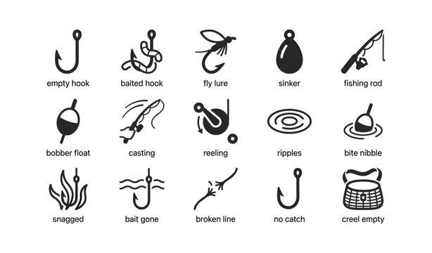 Fishing hooks and tackle icons showing equipment and outcomes